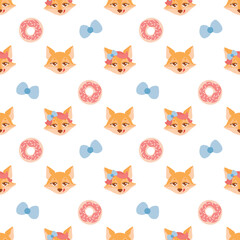 seamless pattern vector character head fox girl and fox boy, donut and bantikan on white background