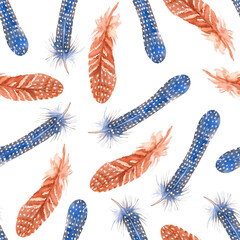Blue flight feathers of Helmeted guineafowl and orange feathers with white spots. Watercolor seamless pattern. Artistic illustration on white background.