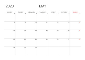 Monthly planner. Horizontal monthly calendar. Simple, minimalist design.