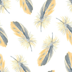 Feathers of  Yellow Pine Grosbeak. Watercolor seamless pattern. Hand-drawn art. Artistic illustration on white background.