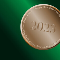 greeting card with 2023 New Year is depicted on a coin on a gradient green background