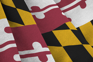 Maryland US state flag with big folds waving close up under the studio light indoors. The official...