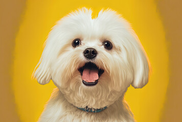 Maltese dog tongue out on a yellow background, funny. Generative AI