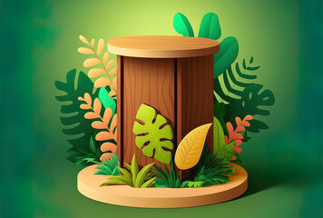 Tropical wood pedestal with a green wall for product display. Generative AI