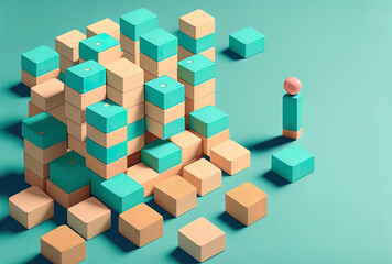Fototapeta premium Flat lay of business expansion concept on turquoise table. stacking wooden blocks by hand. Generative AI