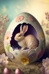 Cute fluffy Easter Bunny inside big Easter egg, pastel colors. Generative Ai