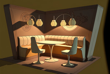 The area is softly lighted, with a table and three seats designed in a contemporary corporate style. Generative AI