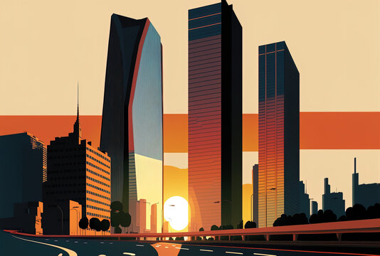 Modern glass buildings in Madrid, Spain, against the setting sun. Generative AI