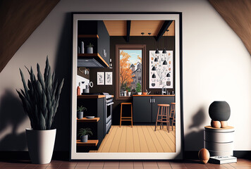 Interior poster mockup with a background of a house with a vertical black frame. Generative AI