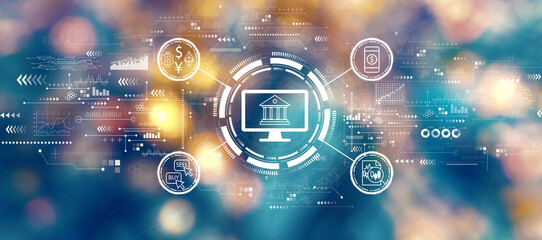 Cryptocurrency fintech theme with blurred city lights at night