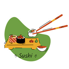 Asian Food, Sushi roll vector illustration. Japanese cuisine, traditional food.