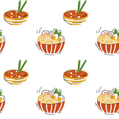 Asian food, soup, Ramen noodles, Tom Yam. Seamless pattern. Soups, Oriental dishes. Vector illustration in hand drawn style