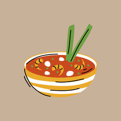 Asian food, Tom Yum Kung Soup. Thai Spicy Soup. Hand drawn vector illustration.