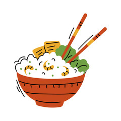 Fried rice in bowl with chopsticks, asian food. Vector illustration isolated in hand draw style.