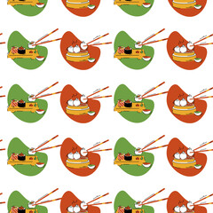 Asian food and chinese, japanese cuisine cartoon vector seamless pattern. Vector illustration of dim sum and sushi.