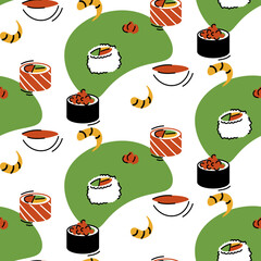 Asian food and chinese, japanese cuisine cartoon vector seamless pattern. Vector illustration of sushi.