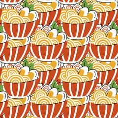 Ramyun or ramen. Traditional Asian, Japanese, Korean meal with noodles, eggs. Cartoon colorful vector seamless pattern, background, print