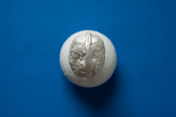 painted walnut on a white vase on blue paper (macro lens, particular focus)
