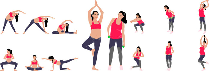 Hand-drawn set of a pregnant woman doing exercise wearing leggings and a top. Vector flat style illustration isolated on white. Full-length view	