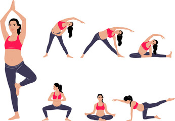 Hand-drawn set of a pregnant woman doing exercise wearing leggings and a top. Vector flat style illustration isolated on white. Full-length view	