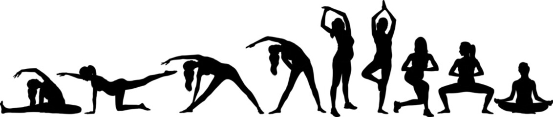 Silhouette set of a pregnant woman doing exercise wearing leggings and a top. Vector flat style illustration isolated on white. Full-length view	