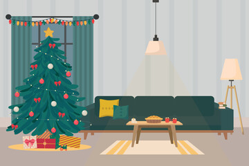 Christmas room. Christmas interiors. New year decorated room with pine tree, fireplace, cozy chairs, cat and dog. Home winter holiday atmosphere vector set.