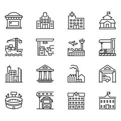Set of vector icons related to buildings. Vector illustrations such as hospitals, airports, factories and more with editable black outline.