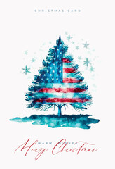 Vector christmas patriotic card with tree colored in USA flag, Merry Christmas lettering and flag of USA watercolor style. Happy new year America