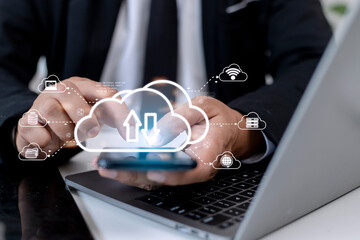 Cloud computing concept - connect to cloud. Businessman or information technologist click on cloud computing icon.