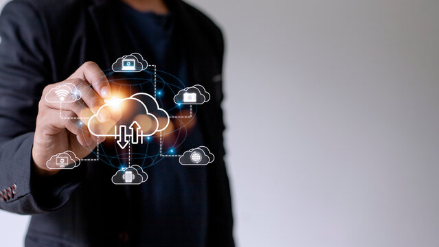 Icon cloud computing network and icon connection data information. Cloud computing and technology concept.