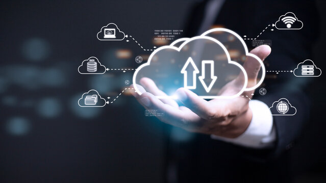 Man with cloud computing diagram show on hand. Cloud technology. Data storage. Networking and internet service concept.