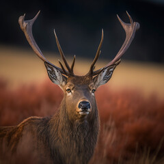 portrait of a red deer stag in the woods