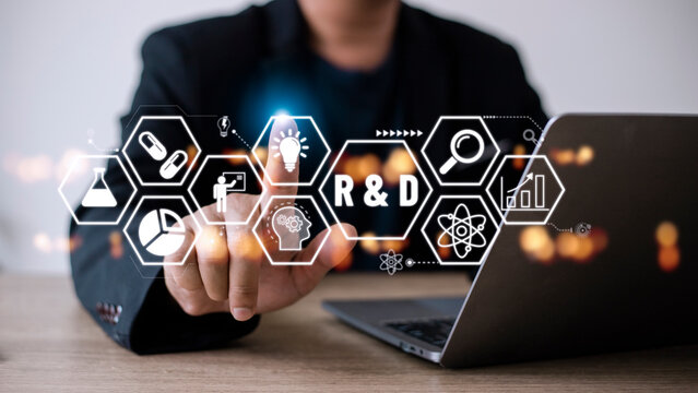 Businessman touched r and d sign. R d icon network business concept word cloud background tag. R&D: Research and development word lettering typography design illustration with line icons