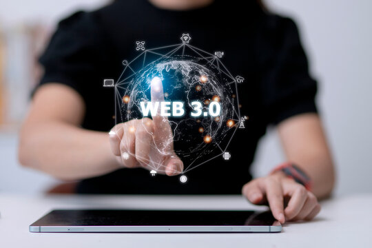 Web 3.0 concept image with a woman using a laptop. Technology and WEB 3.0 concept.