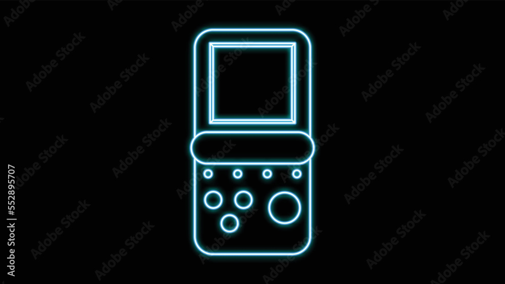 Wall mural Blue neon glowing portable game console, for video games with buttons and screen old retro hipster vintage from 70s, 80s, 90s on black background. Vector illustration