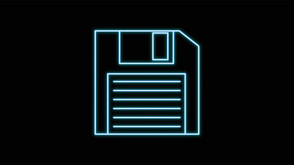 Blue neon glowing floppy disk for computer, save icon old retro hipster vintage from 70s, 80s, 90s on black background. Vector illustration