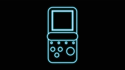 Blue neon glowing portable game console, for video games with buttons and screen old retro hipster vintage from 70s, 80s, 90s on black background. Vector illustration