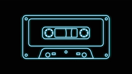 Blue neon music audio cassette tape old retro hipster vintage from 70s, 80s, 90s on black background. Vector illustration