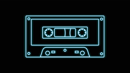 Blue neon music audio cassette tape old retro hipster vintage from 70s, 80s, 90s on black background. Vector illustration