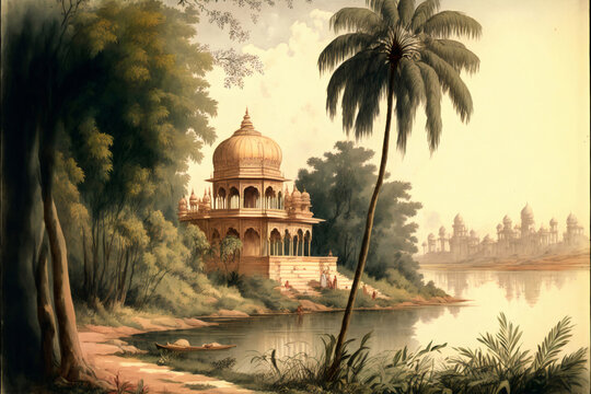 Vintage Wallpaper - Digital Landscape Painting Of Palm Trees And River Banks Of India With Ancient Temples -1