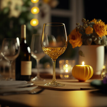 wide-angle shot of a glass of wine on a table in a warmly lit room. Show the glass from the side and paint the scene with a warm, inviting yellow hue, making the celebratory atmosphere tangible