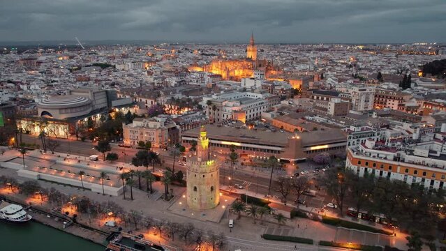 Aerial view of the Seville old town at night, Andalusia region, Spain