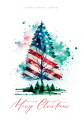 Merry Christmas lettering and flag of USA watercolor style. Happy new year America Christmas patriotic card with tree colored in USA flag.