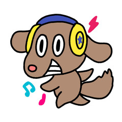 happy dog listening to music, cute cartoon isolated , graphic design for presentation, marketing, art, illustration, t-shirt design, cartoon, comic, advertising, online media