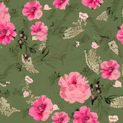 Traditional classic vintage floral wallpaper background green pink. AI-generative illustration design pattern