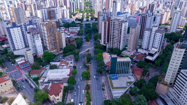 Aerial view of the central region of Belo Horizonte, Minas Gerais, Brazil. Commercial buildings on Avenida Afonso Pena