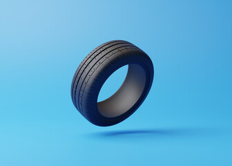 Сar tire on a blue background. Concept of changing tires for seasonal, using tires on snow, ice. Replacing tires with summer or winter. 3D render 3D illustration