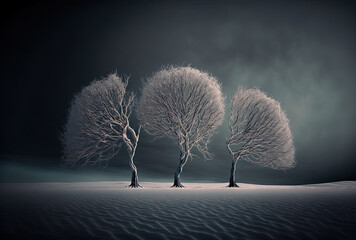 Beautiful photograph of three frozen trees growing in a snowy field with a dark sky in the distance. Generative AI