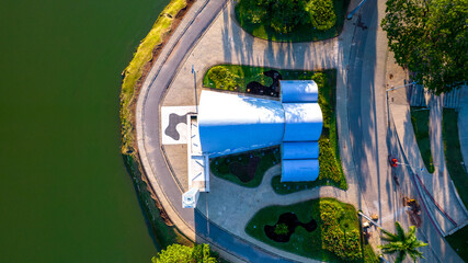 Lagoa da Pampulha, in Belo Horizonte, overlooking the Church of São Francisco de Assis and Guanabara Park. Minas Gerais Brazil. Aerial view