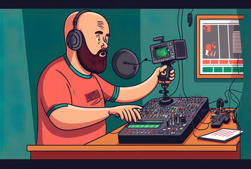 Digital content maker adjusting mixer knobs while capturing video in home room studio. Talk show host utilizing audio equipment and a microphone for a live internet broadcast. Generative AI